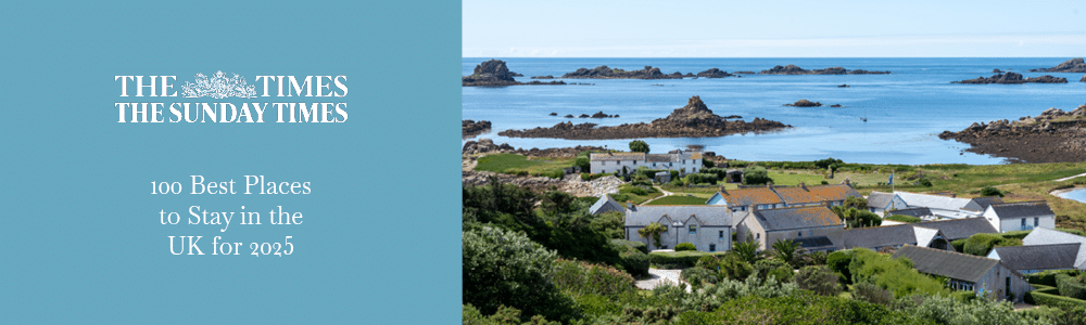 Banner showing Hell Bay Hotel and The Times Logo with the text '100 Best Places to stay in 2025'